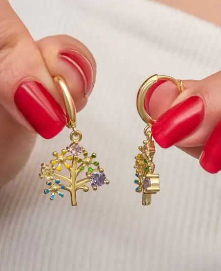 Gümüş Gold Renkli Taşlı Hayat Ağacı Kadın Küpe