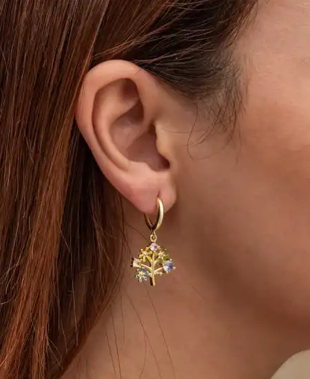 Gümüş Gold Renkli Taşlı Hayat Ağacı Kadın Küpe