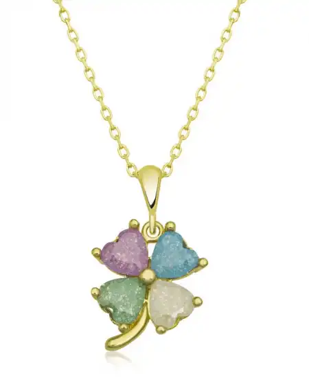 Gümüş Gold Renkli Taşlı Kalp Yonca Kadın Kolye