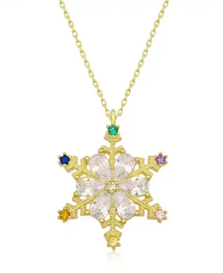 Gümüş Gold Renkli Taşlı Kar Tanesi Kadın Kolye