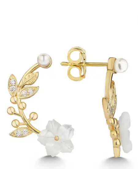 Gümüş Gold Sedef Çiçek Çivili Kadın Küpe