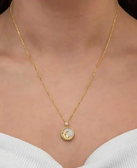 Gümüş Gold Sedef Taşlı Ay Yıldız Hilal Kadın Kolye