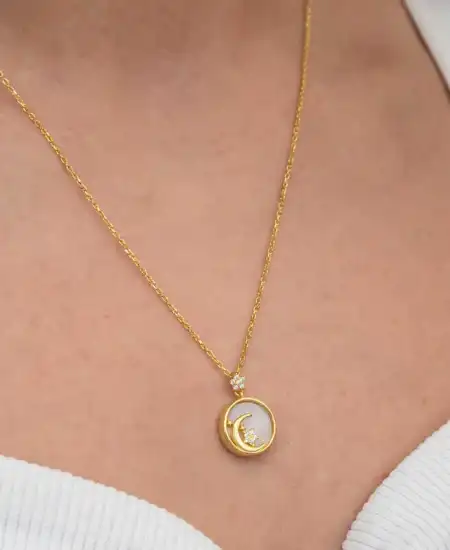 Gümüş Gold Sedef Taşlı Ay Yıldız Hilal Kadın Kolye