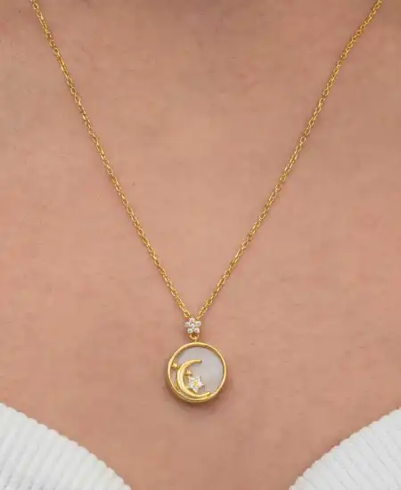 Gümüş Gold Sedef Taşlı Ay Yıldız Hilal Kadın Kolye