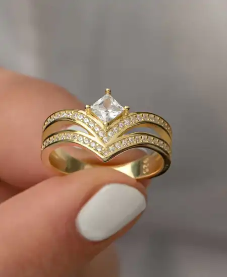 Gümüş Gold Tek Taş Kadın Yüzük