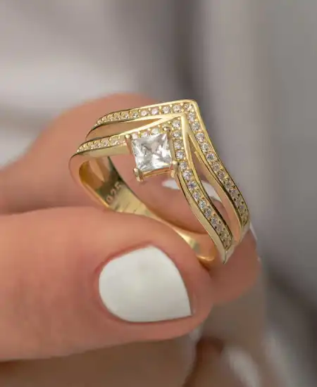 Gümüş Gold Tek Taş Kadın Yüzük