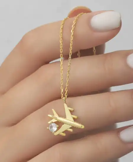 Gümüş Gold Tek Taşlı Uçak Kadın Kolye