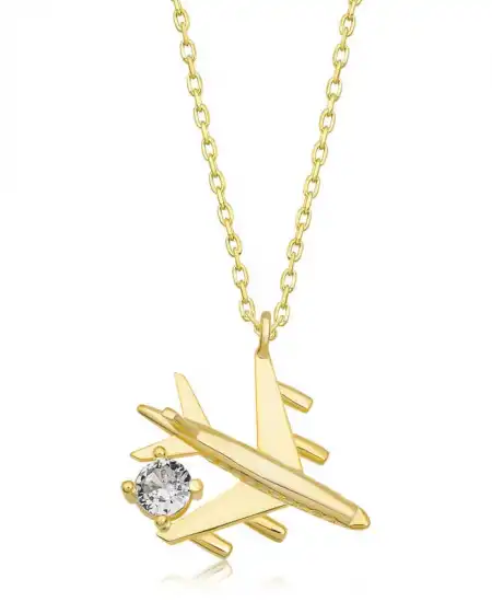 Gümüş Gold Tek Taşlı Uçak Kadın Kolye