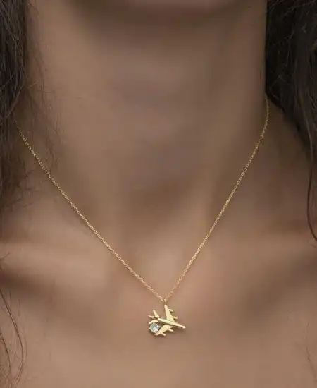 Gümüş Gold Tek Taşlı Uçak Kadın Kolye