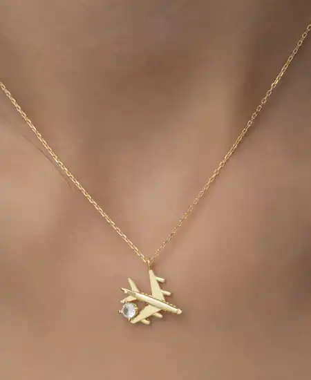 Gümüş Gold Tek Taşlı Uçak Kadın Kolye