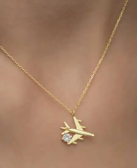 Gümüş Gold Tek Taşlı Uçak Kadın Kolye