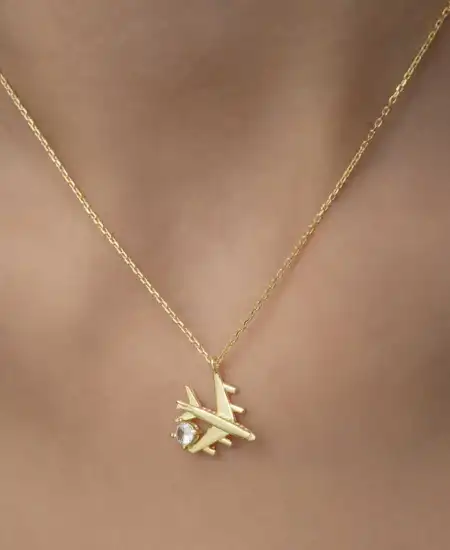 Gümüş Gold Tek Taşlı Uçak Kadın Kolye