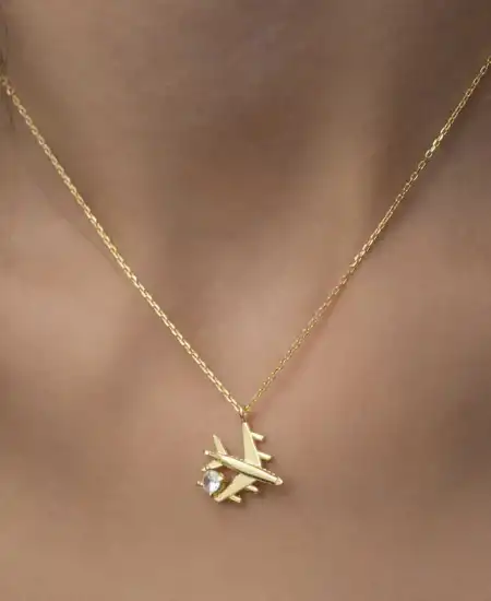 Gümüş Gold Tek Taşlı Uçak Kadın Kolye