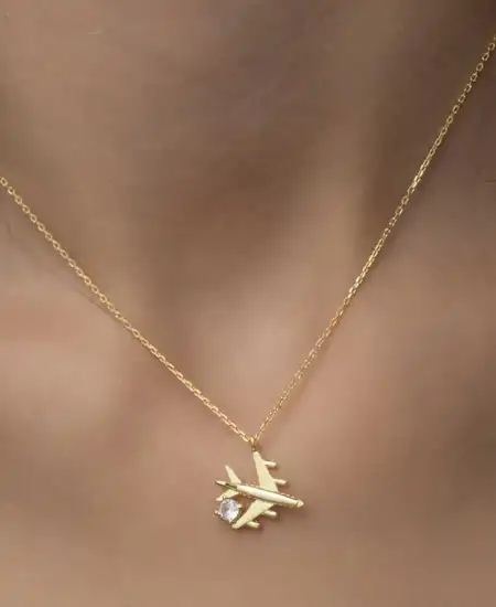 Gümüş Gold Tek Taşlı Uçak Kadın Kolye