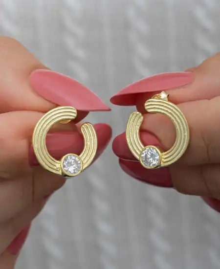 Gümüş Gold Tektaş Halka Kadın Çivili Küpe