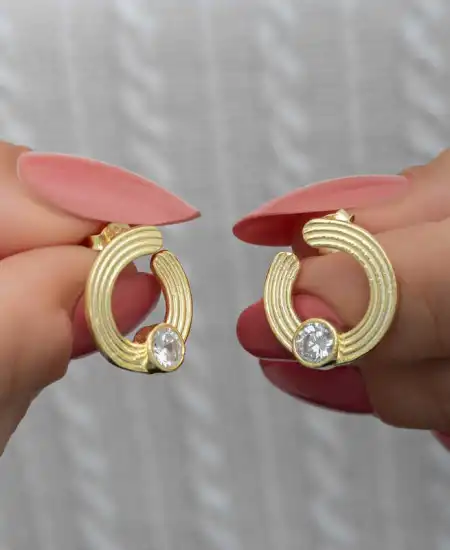 Gümüş Gold Tektaş Halka Kadın Çivili Küpe