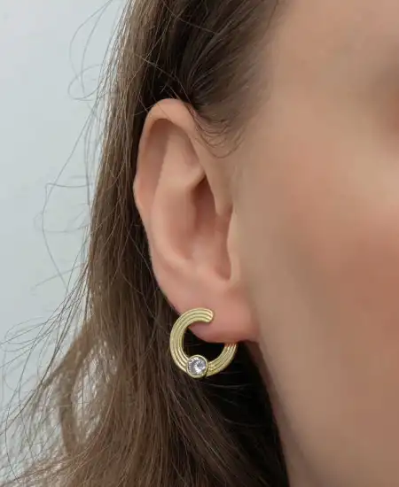 Gümüş Gold Tektaş Halka Kadın Çivili Küpe