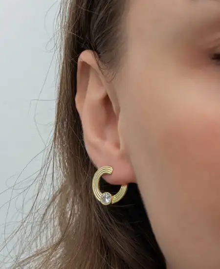 Gümüş Gold Tektaş Halka Kadın Çivili Küpe