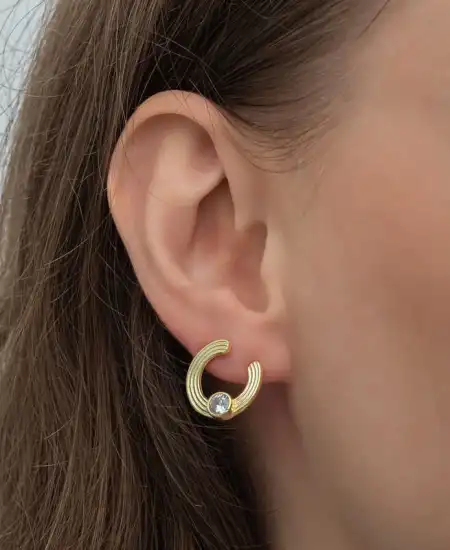 Gümüş Gold Tektaş Halka Kadın Çivili Küpe