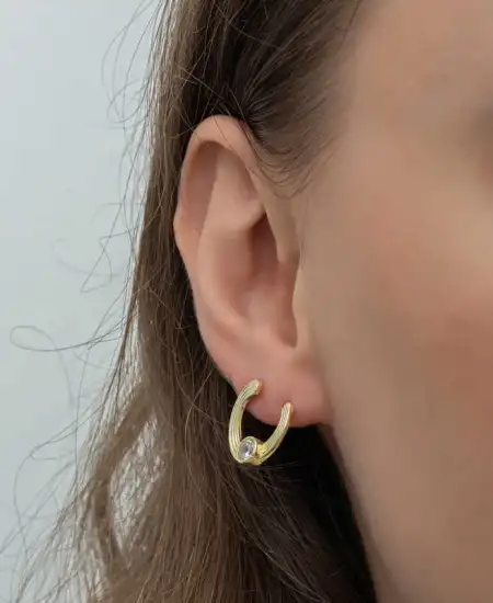 Gümüş Gold Tektaş Halka Kadın Çivili Küpe