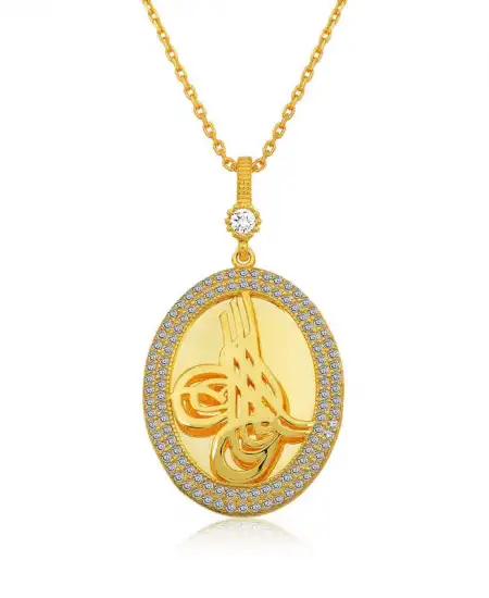 Gümüş Gold Tuğralı Oval Bayan Kolye