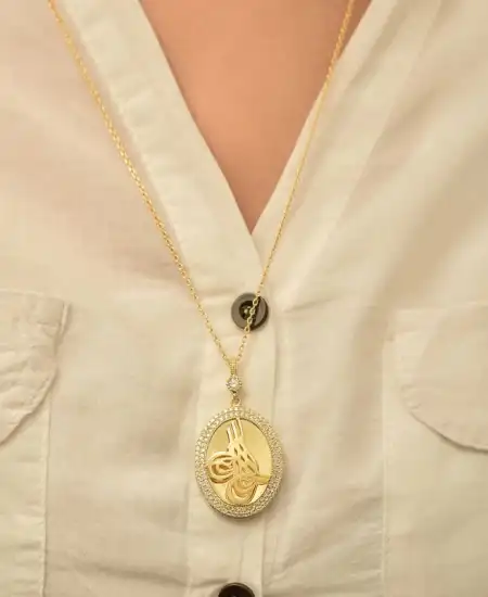 Gümüş Gold Tuğralı Oval Bayan Kolye