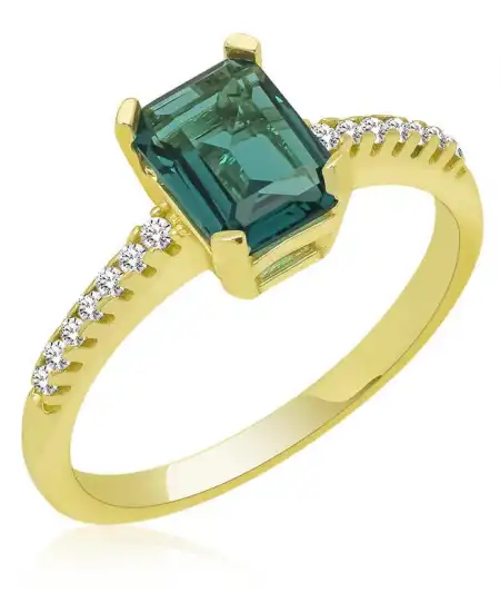 Gümüş Gold Yeşil Baget Taşlı Kadın Yüzük