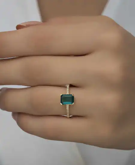 Gümüş Gold Yeşil Baget Taşlı Kadın Yüzük