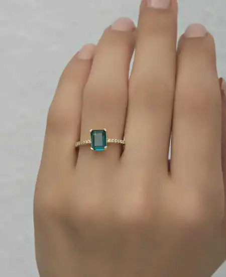 Gümüş Gold Yeşil Baget Taşlı Kadın Yüzük