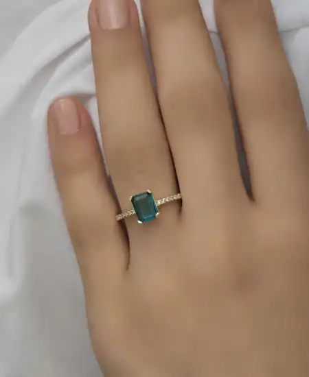 Gümüş Gold Yeşil Baget Taşlı Kadın Yüzük