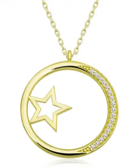 Gümüş Gold Yıldız Detaylı Halka Kadın Kolye