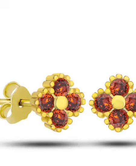 Gümüş Gold Yonca Çivili Kırmızı Taşlı Çocuk Küpe