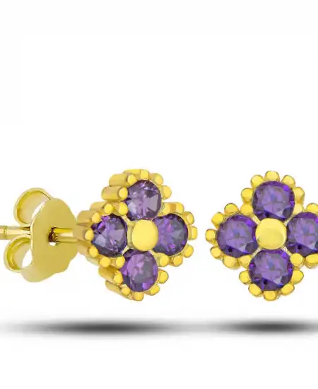 Gümüş Gold Yonca Çivili Mor Taşlı Çocuk Küpe