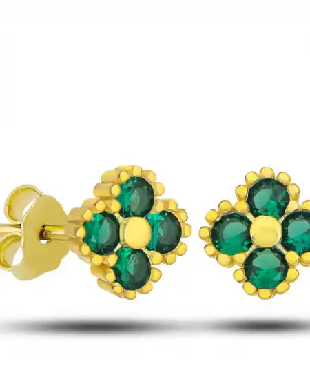 Gümüş Gold Yonca Çivili Yeşil Taşlı Çocuk Küpe