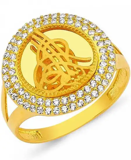 Gümüş Gold Yuvarlak Tuğralı Kadın Yüzük