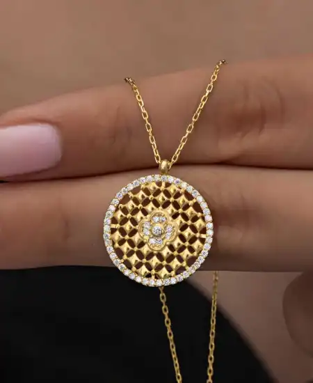 Gümüş Gold Zirkon Taşlı Çiçek Kadın Kolye