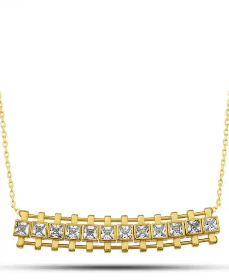 Gümüş Gold Zirkon Taşlı Kare Bar Kadın Kolye