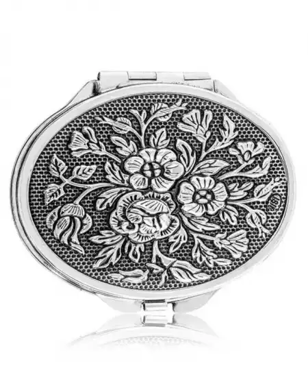 Gümüş Gül Motifli Kapaklı Oval El Aynası