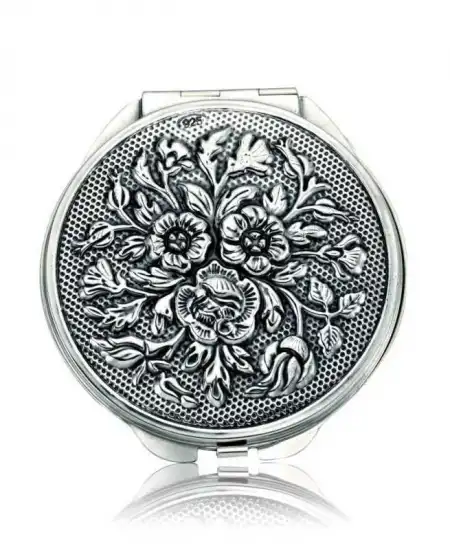 Gümüş Gül Motifli Kapaklı Yuvarlak El Aynası
