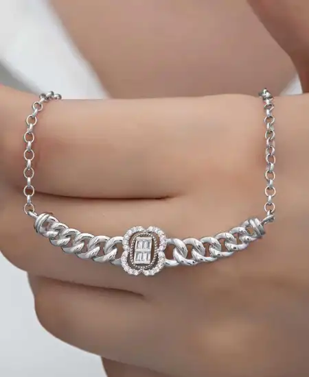 Gümüş Gurmet Zincirli Baget Taşlı Kadın Kolye