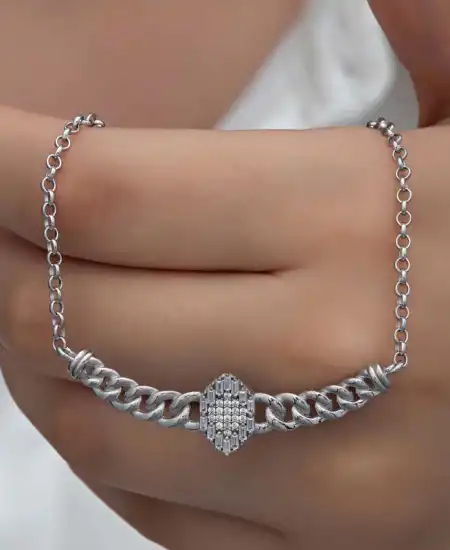 Gümüş Gurmet Zincirli Baget Taşlı Kadın Kolye
