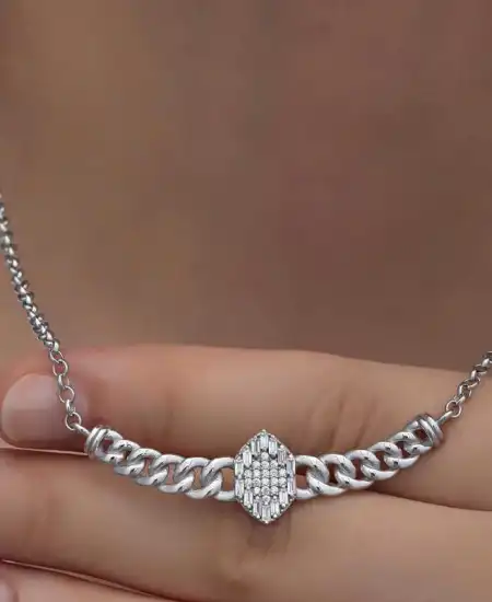 Gümüş Gurmet Zincirli Baget Taşlı Kadın Kolye