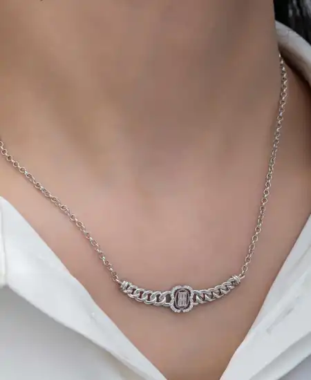 Gümüş Gurmet Zincirli Baget Taşlı Kadın Kolye