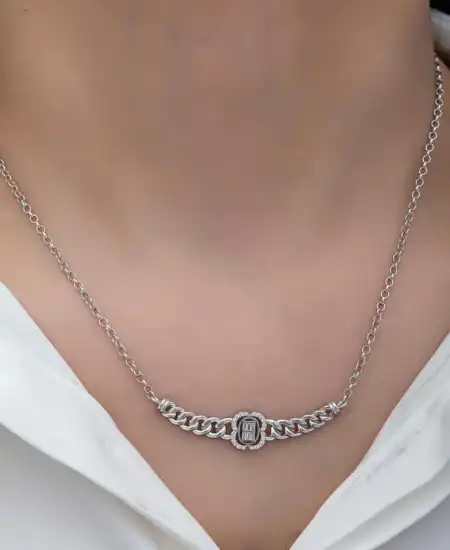 Gümüş Gurmet Zincirli Baget Taşlı Kadın Kolye