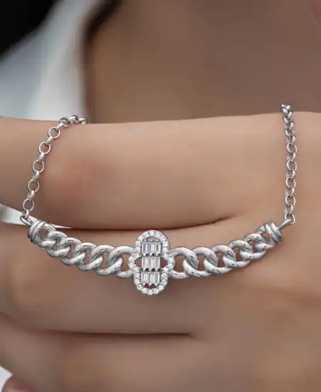 Gümüş Gurmet Zincirli Fatma Ana Eli Baget Taşlı Kadın Kolye