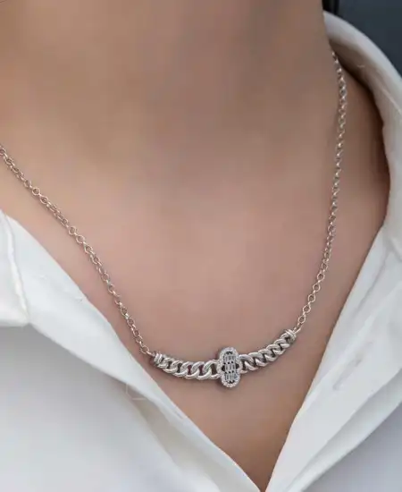 Gümüş Gurmet Zincirli Fatma Ana Eli Baget Taşlı Kadın Kolye