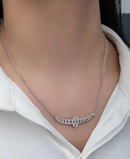 Gümüş Gurmet Zincirli Fatma Ana Eli Baget Taşlı Kadın Kolye