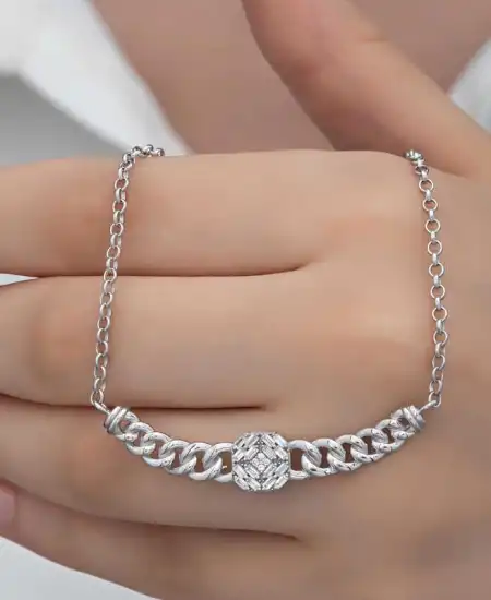 Gümüş Gurmet Zincirli Kare Baget Taşlı Kadın Kolye