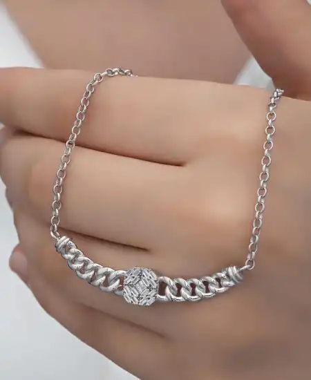 Gümüş Gurmet Zincirli Kare Baget Taşlı Kadın Kolye