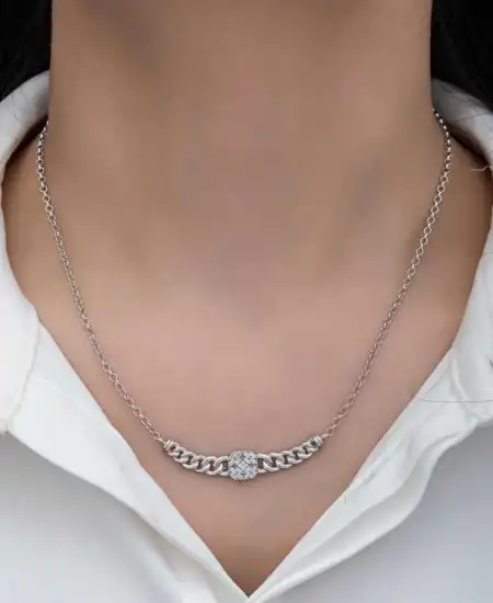 Gümüş Gurmet Zincirli Kare Baget Taşlı Kadın Kolye